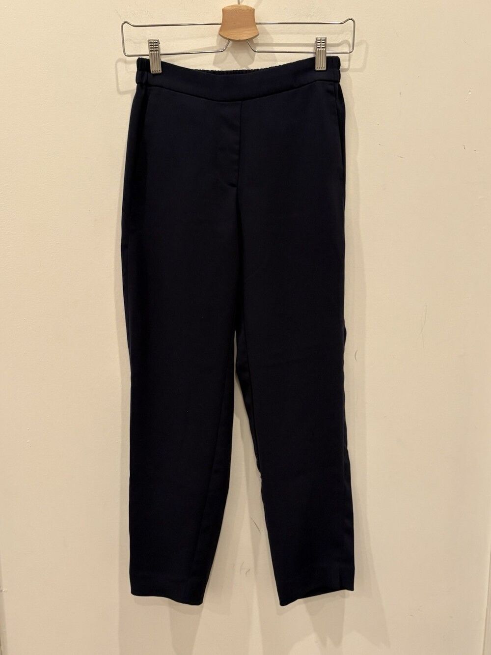J Crew Dress Pants Sz 0 Navy blue pull on trouser taper Elastic Waist Career